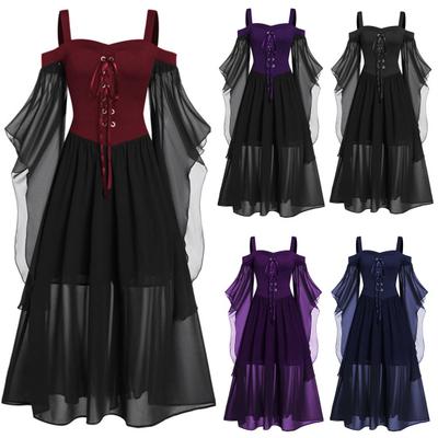 Women Dress Cold Shoulder Butterfly Sleeve Halloween Mesh Patchwork Bandage Large Hem Witch Dress for Cosplay
