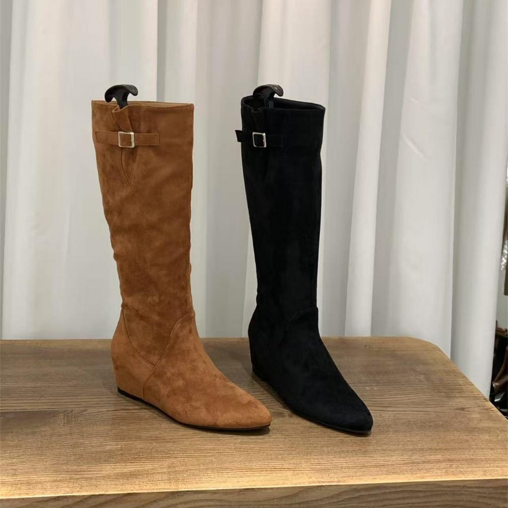 Inner Heightening Pointed Suede Pile Medium Boots Women's Boots 2025 Fall/Winter Brown Maillard Skinny Boots