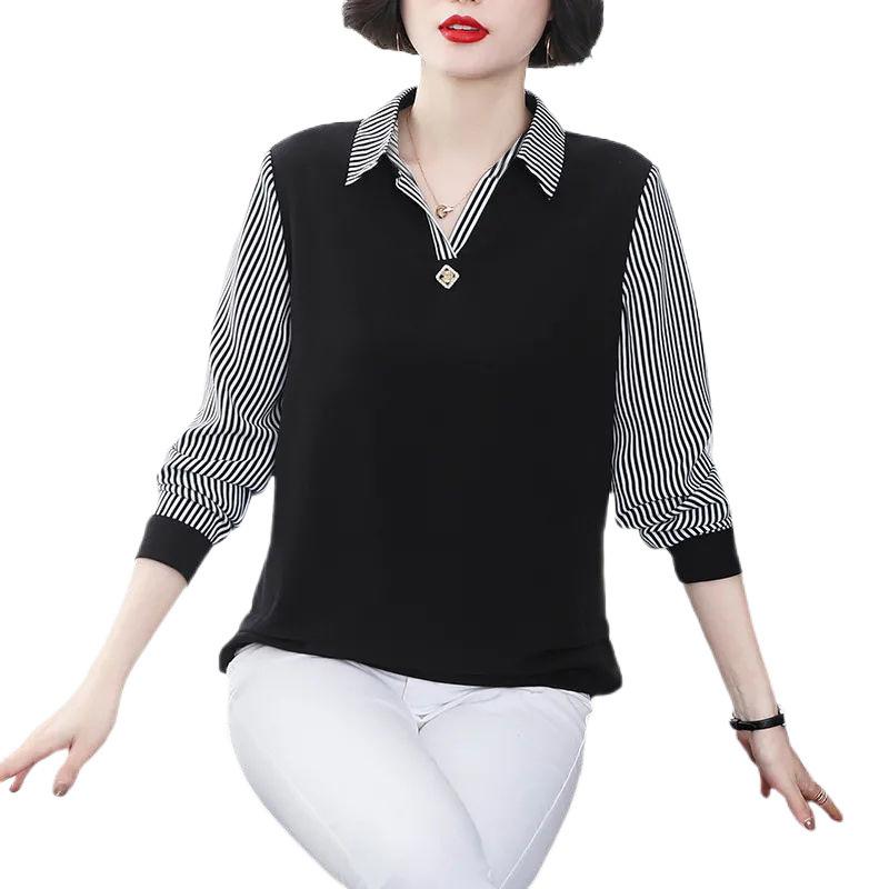 Western-style Mom Shirt Age-reducing Middle-aged and Elderly Splicing Polo Collar Bottoming Shirt Long-sleeved for Women