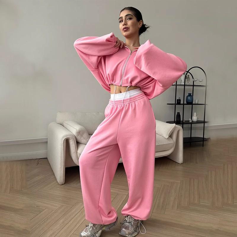Womens Casual 2-Piece Set: Solid Color Long Sleeve Zip-Up Hooded Sweatshirt Elastic Waist Jogger Pants