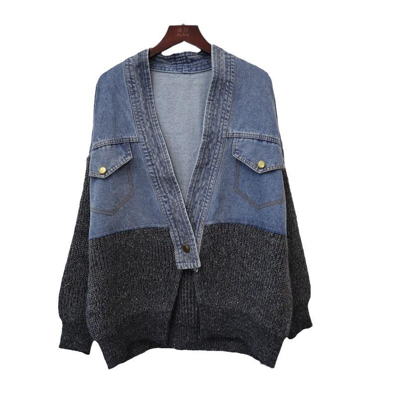 Denim Splicing Design Sense Knitted Cardigan Autumn and Winter New Loose Sweater Jacket Women