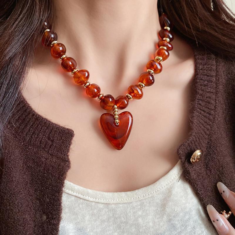 Bohemian Heart Shaped Beaded Earrings and Pendant Clavicle Chain Fashion Jewelry for Women Holiday Gift Idea