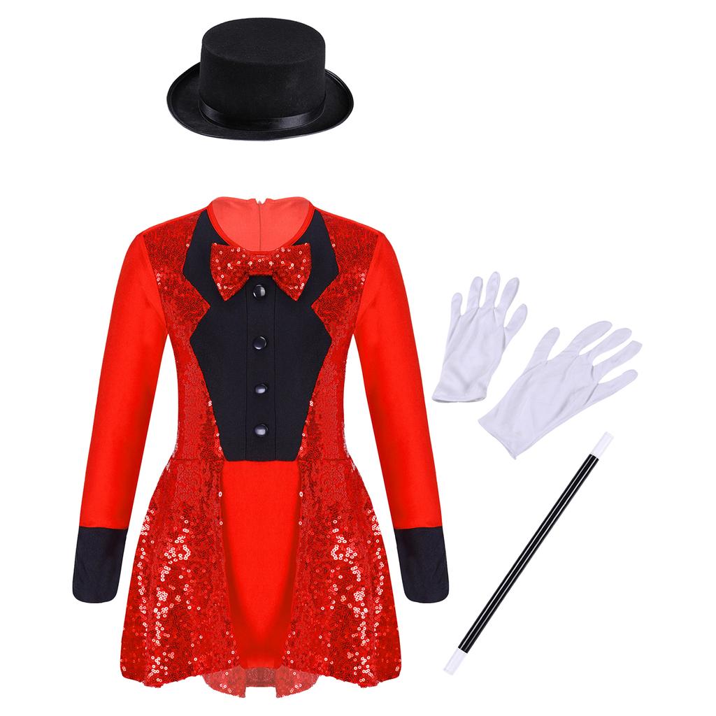 Girls Magician Costume Set Long Sleeve Bow Tie Back Zipper Sequin Leotard Hat Magic Wand Gloves