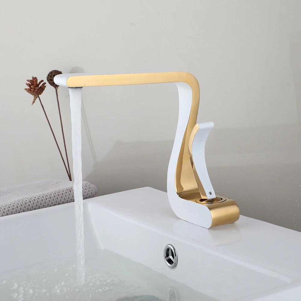 KEMAIDI White Gold Brass Bathroom Sink Faucet Single Handle Bathroom Faucets Hot Cold Mixer Tap Deck Mounted Z Shape Style
