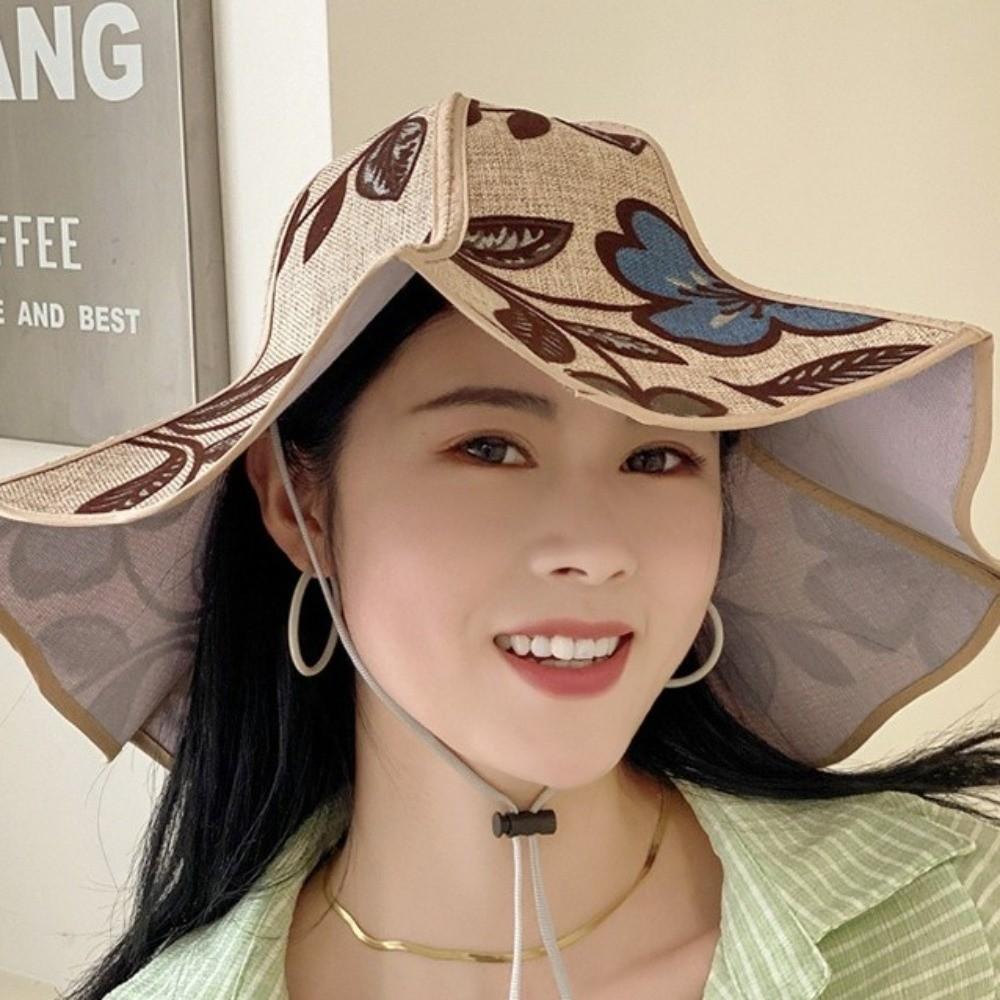 Breathable Foldable Sunshade Hat UV Protection Drawstring Large Brimmed Fisherman Hat Linen Cloth Adjustable Wide Brim Sun Cap