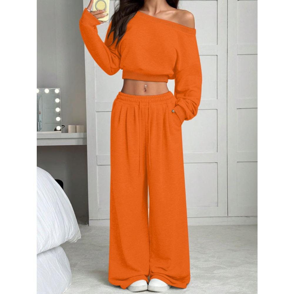 Tuta da Donna Vestibilità Larga Spalle Scoperte Manica Lunga Crop Top Vita Alta Pantaloni Larghi Tuta Due Pezzi