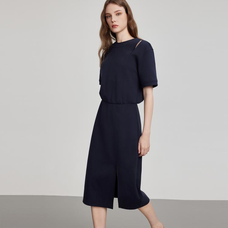 ELLE French Minimalist Short Sleeve Dress Women Dresses Navy-Blue EL51381