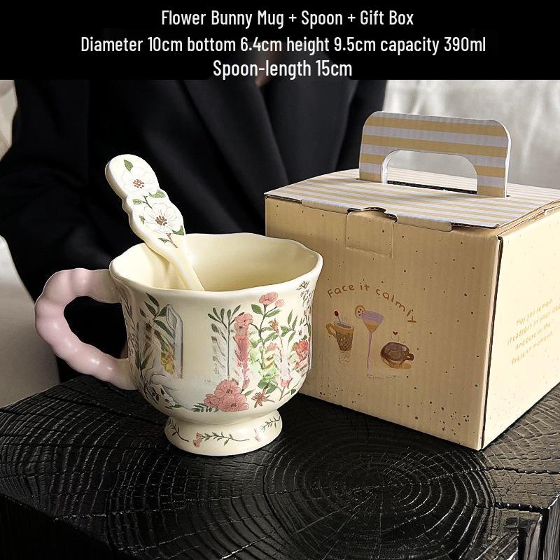 Large Ceramic Mug with Cute Rabbit and Flowers Design, Lid, and Spoon