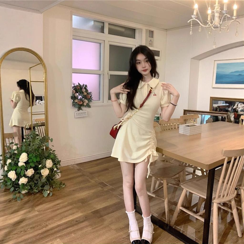 Cherry POLO lapel dress spring summer college milk sweet babes drawstring pleated waist small first love skirt