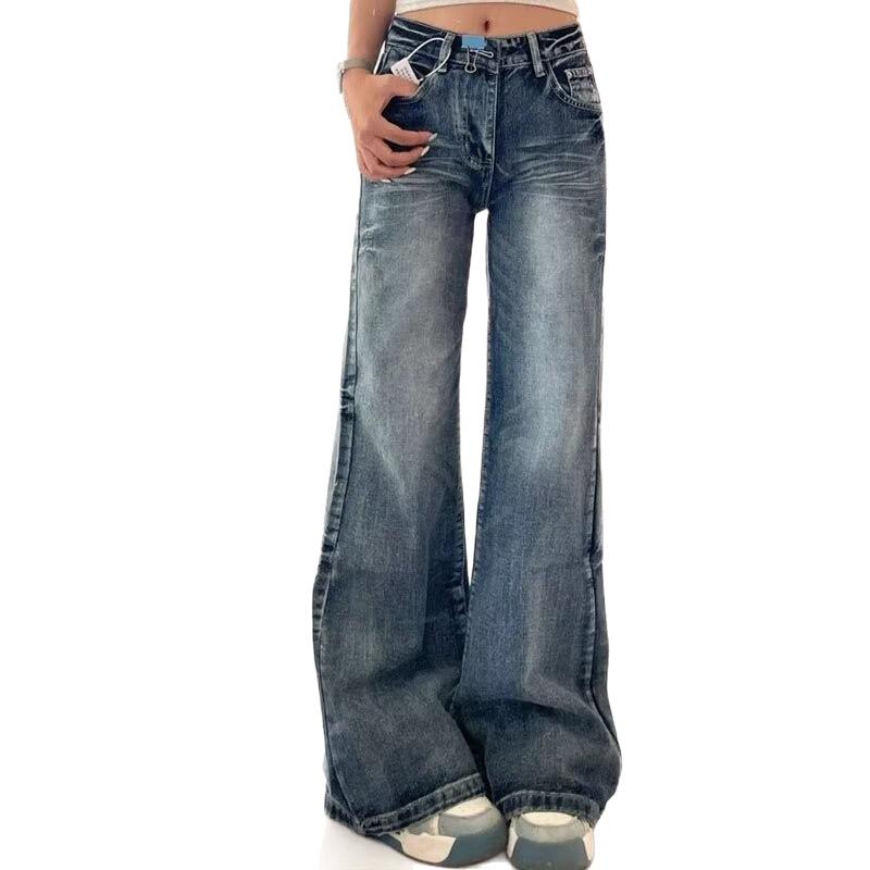 

Винтажные джинсы клеш с высокой талией для женщин, потертая варка, стильный дизайн, свободный крой, стройнящие, в пол S синий
