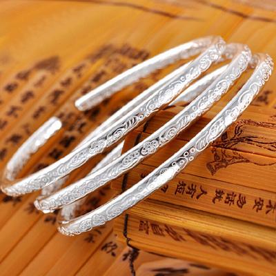 Women Silver Plated Flower Engraved Open Bangle Bracelet Jewelry Gift