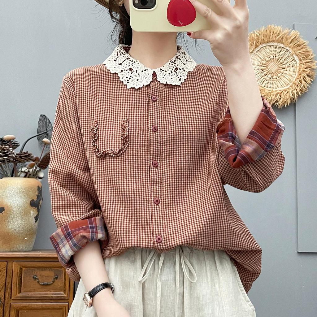 Women's Long Sleeve Plaid Shirt with French Lace Collar, Soft Skin-Friendly Double Layer Cotton