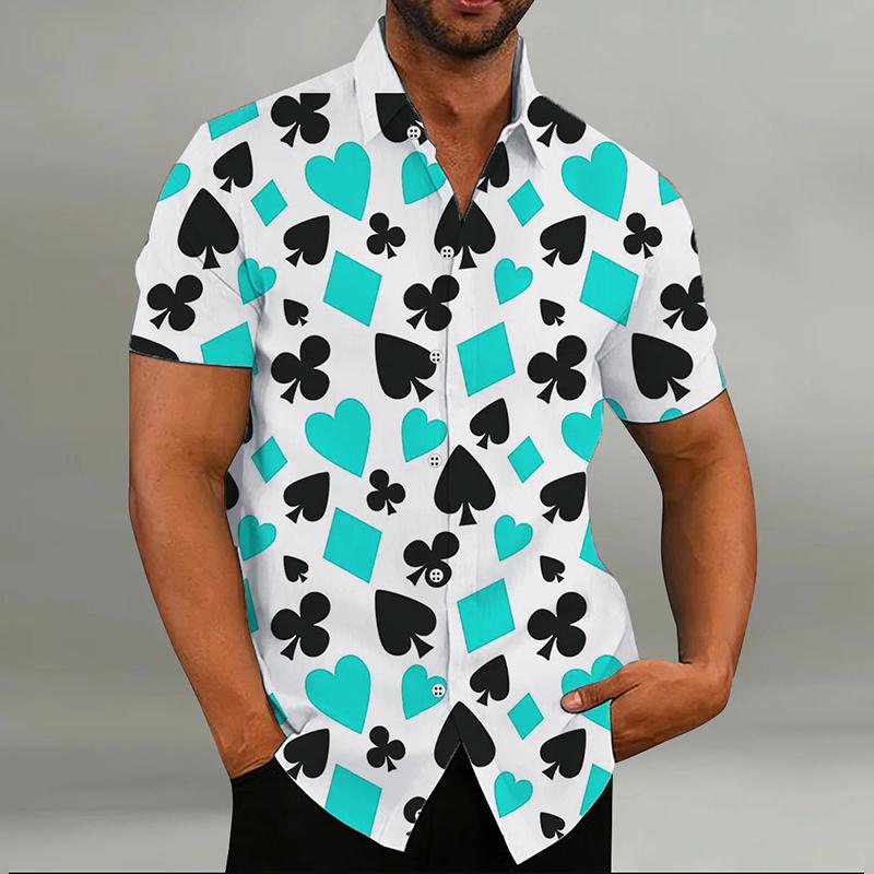 Huiteng4 Mode Herenoverhemd Speelkaarten 8 Kleuren Harten Schoppen 3D-print Revers Korte Mouw Outdoor Straat Casual Herenkleding L
