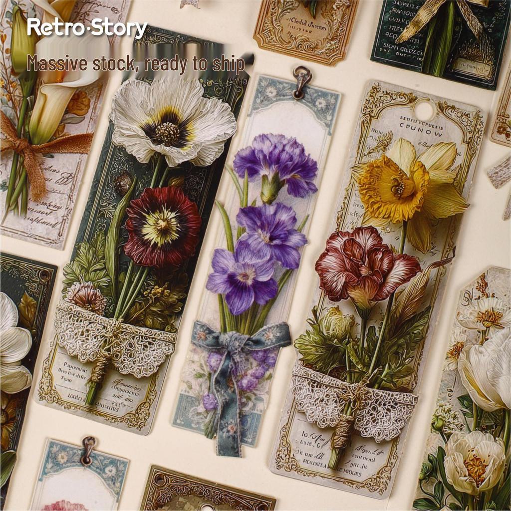RetroStory Floral Bookmark Stickers - 16 Sheets for Personal Decoration & Planners