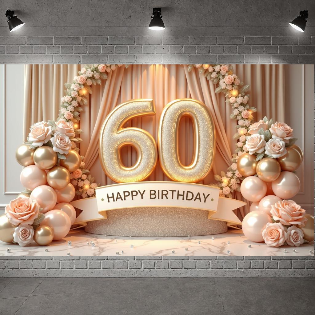 60. Meilenstein Kulisse Goldene Ballons Geburtstagsfeier Banner Happy 60 Birthday Banner Zartrosa Rosen Für Formelle Anlässe