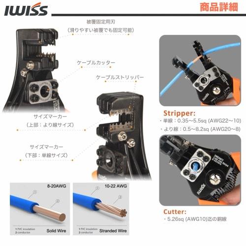 IWISS 2-Way Strip IWS-0822 Multi-Purpose Wire Stripper with Cable Cutter, Compatible with 0.3sq-8.0sq Wires