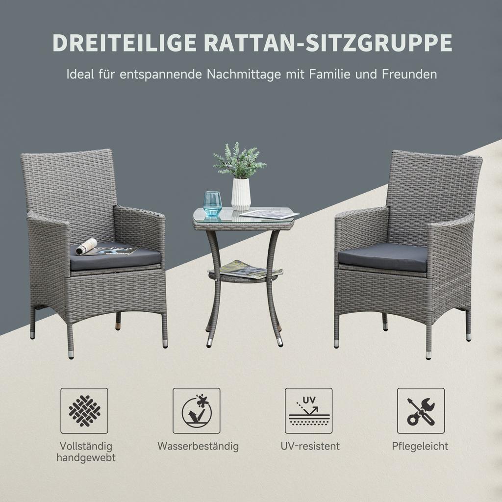 Poly Rattan Garden Furniture Set, Outdoor Lounge Balcony Furniture for 2 People, 3-Piece Seating Group, 2 Chairs, Table, Seat Cushions