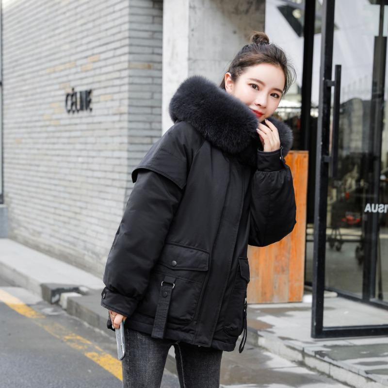 

Feather new down jacket women s short hooded Pinghu down jacket white duck down big fur collar women s jacket S