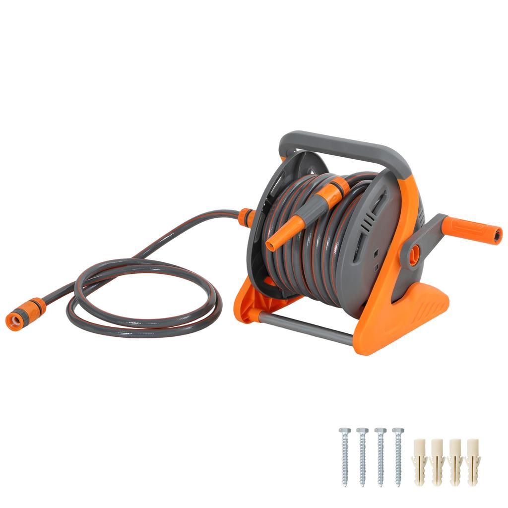 Portable Garden Hose Reel, 20+2 m Wall Mounted Hose Reel with 2 Patterns Spray Nozzle and Crank Handle, Orange