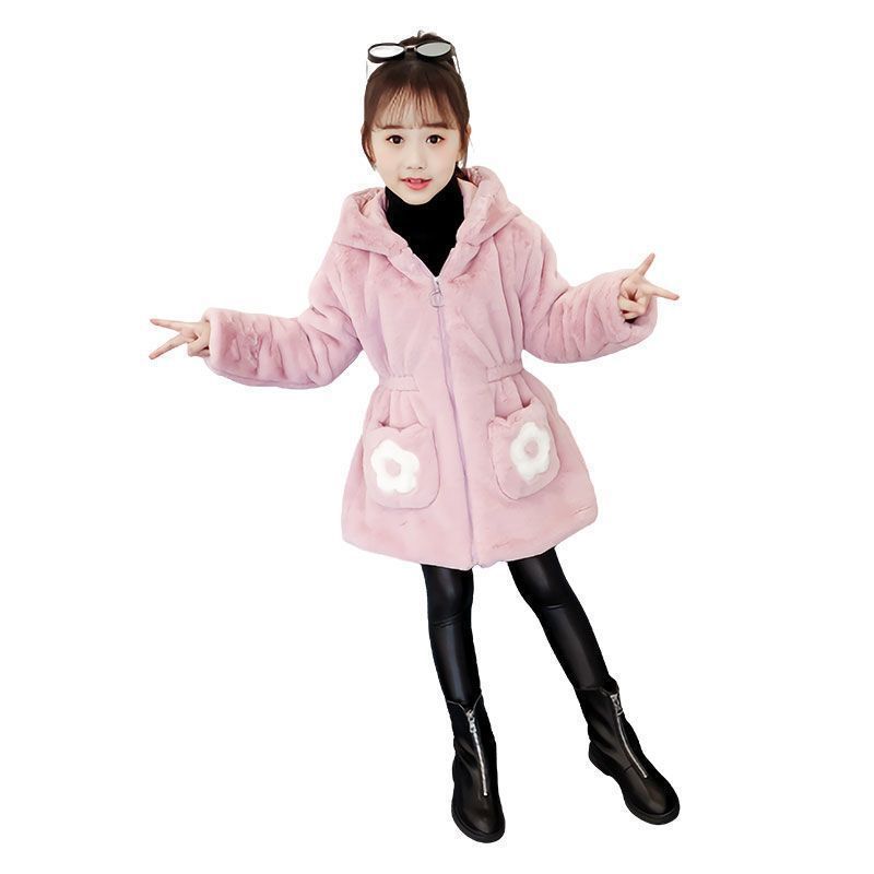 Girls' Faux Fur Winter Coat Girls Cotton Coat Medium and Large Children's Faux Mink Thickened Woolen Sweater