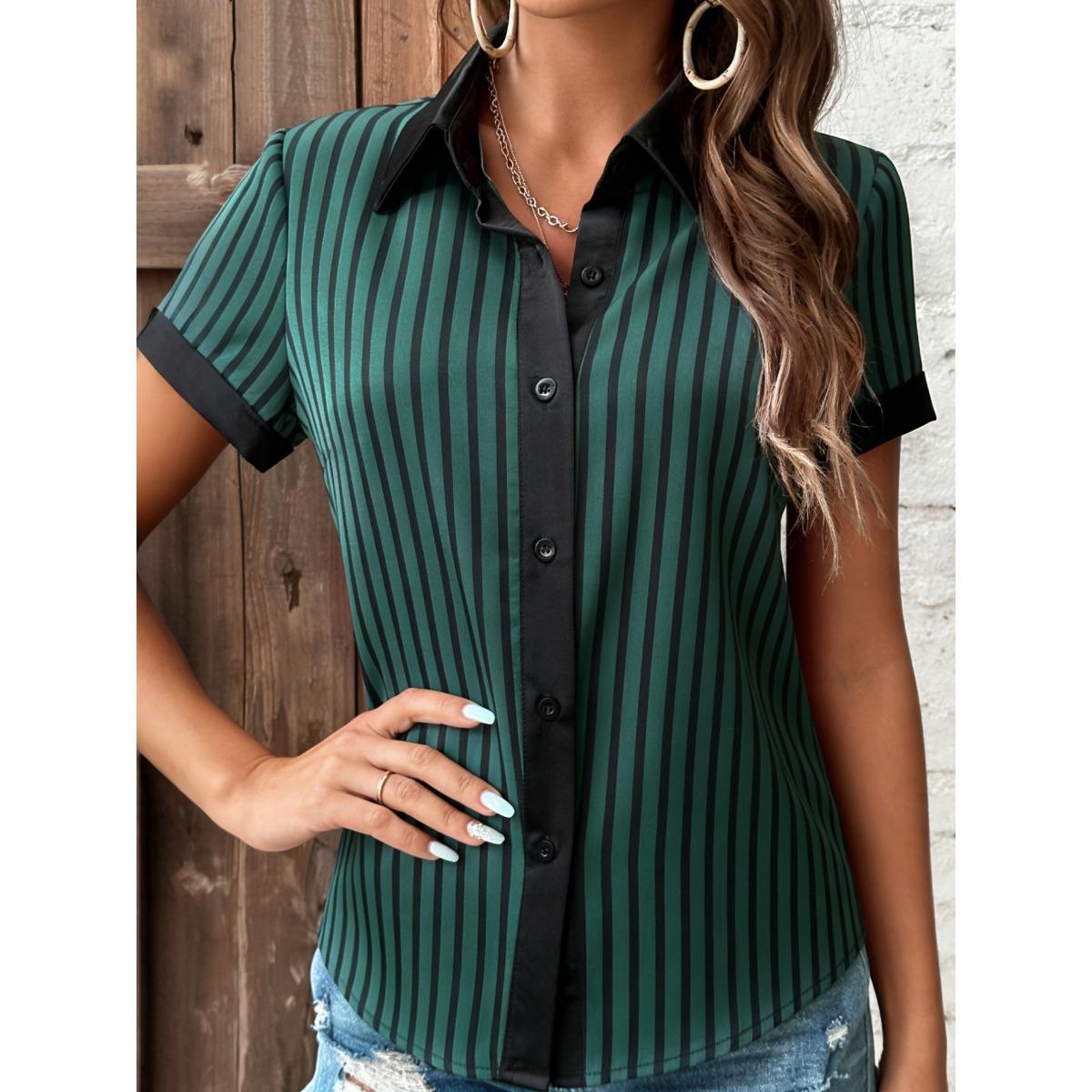 Women s Contrast Trim Placket Short Sleeve Shirt, Loose Casual Blouse Top S зелёный