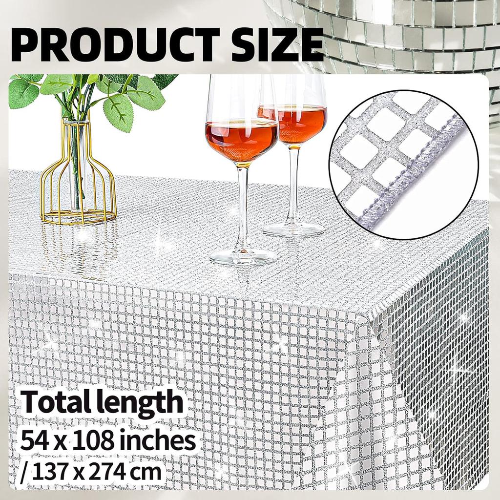 54 x 108 Inches Disco Party Tablecloth Mirror Silver Foil Table Cloth Glitter Metallic Table Cover Sparkle Table Runner for 70s 80s Disco Dance Party