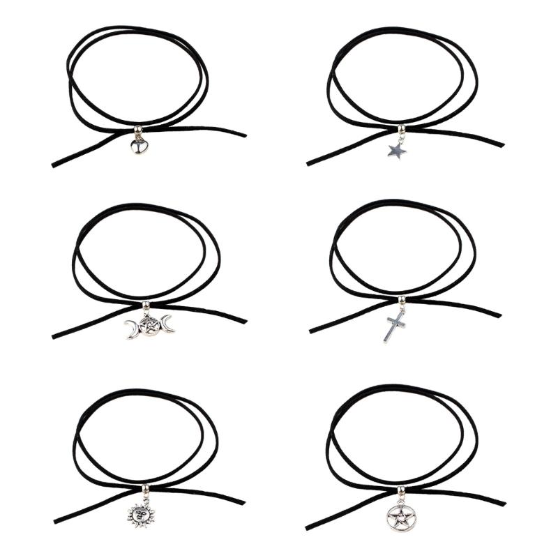 Gothic Black Long Necklace Velvet-Rope Heart Star Sun-Moon Pendant Choker Clavicle Chain Y2k Jewelry Women Girl Teen