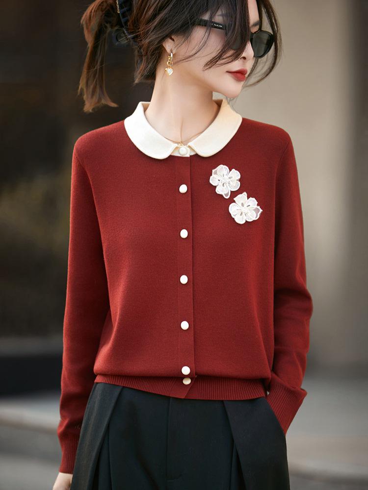 Women's Dark Blue Floral Knit Sweater - Lapel Long Sleeve, Two-Piece Look, Autumn/Winter Style