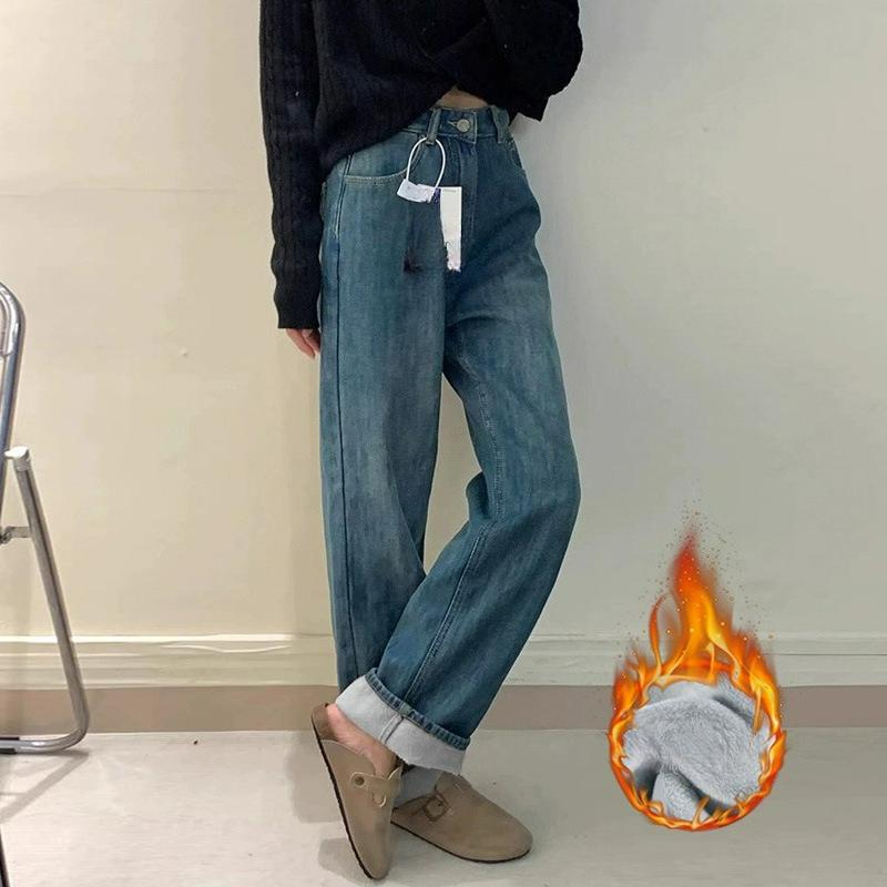 Mopping Retro Autumn and Winter Nostalgic Loose Jeans Women's Warm and Thick All-match Wide-leg Straight Plus Velvet Long Pants