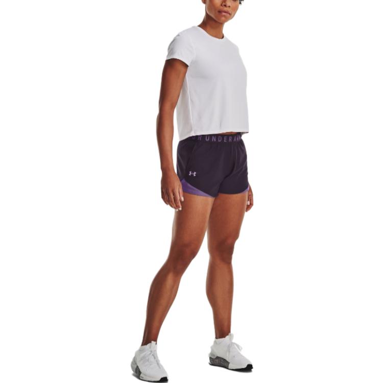 Under Armour Logo Print Mid-Rise Sports Color Block Shorts Women Shorts Purple 1344552-541