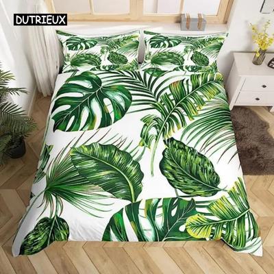 Palm Leaves Duvet Cover Banana Leaves Duvet Cover Hawaiian Tropical Leaves Bedding Set Green Leaves Branches Quilt Cover Women  Three-piece Set
