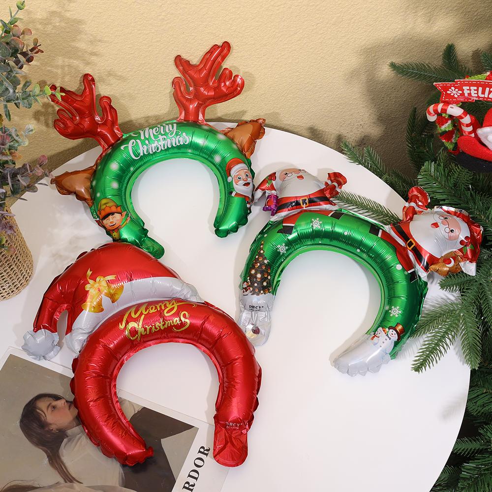 1/5pcs Kids Christmas Inflatable Balloon Headband Headdress Cartoon Santa Claus Elk Pattern Decorative Gifts for Holiday Scenes