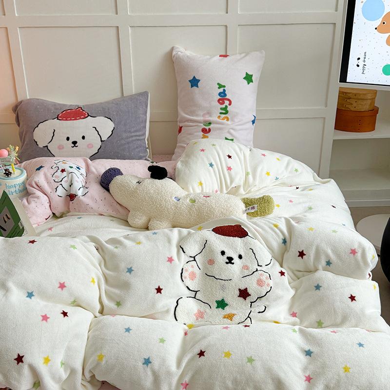 

Love Rabbit Thickened Milk Fleece Four-Piece Set Double-Sided Coral Fleece Sheet Quilt Set Dormitory Three-Piece Fleece Bedding 1.2m sheet - 3pc(quilt cover 155 * 210)