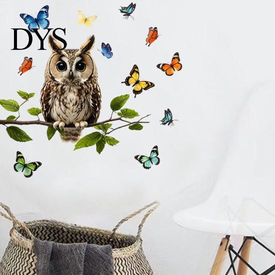 Natural Forest Theme Wall Decor Owl Butterfly Sticker, Animal Illustration Decorative Decals, Pastoral Style Mural Waterproof Removable Stickers, for