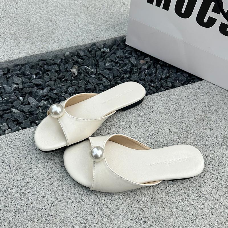 French satin pearl open-toe one-word high heels female 2025 spring and summer new fairy temperament thin heel cool slippers