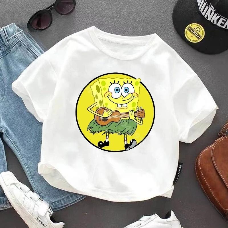 SpongeBob SquarePanted Child Short Sleeve TShirt Anime Character Print Cotton Pullover Boys Girls Summer Casual Crew Neck Tops