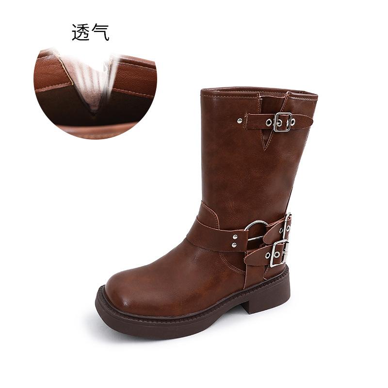 New cowboy boots women's autumn and winter mid-tube Martin boots women's square head thick heel boots women's casual retro women's boots trend