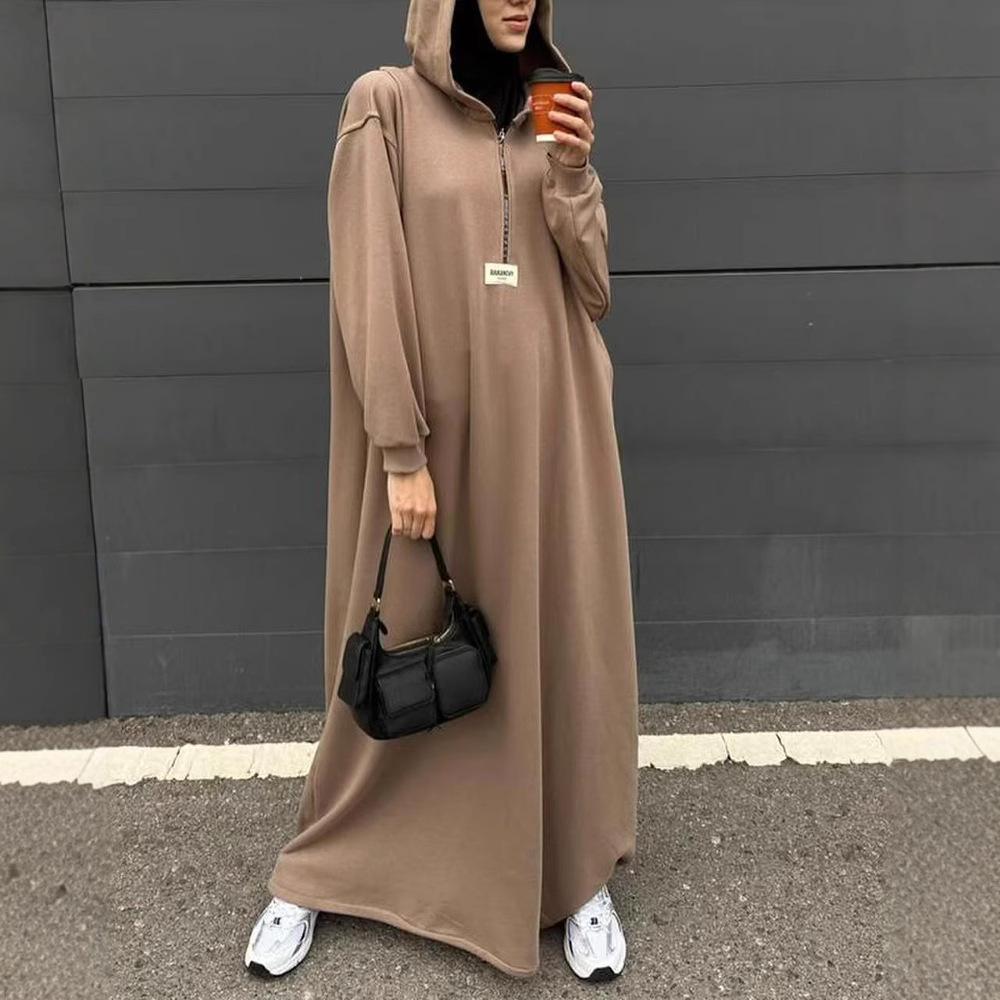 2025 Solid Color Knit Hooded Sweatshirt Dress with Long Sleeves
