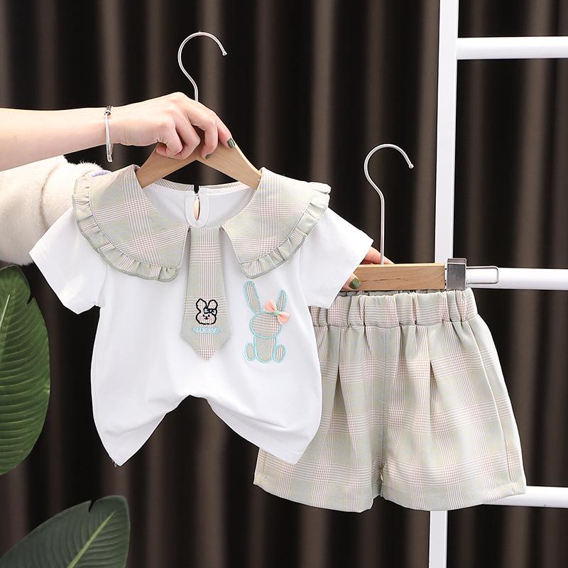 

Korean Style Summer Lace Collar Cartoon Tie Shorts Set for Girls (0-5 Years) 120cm