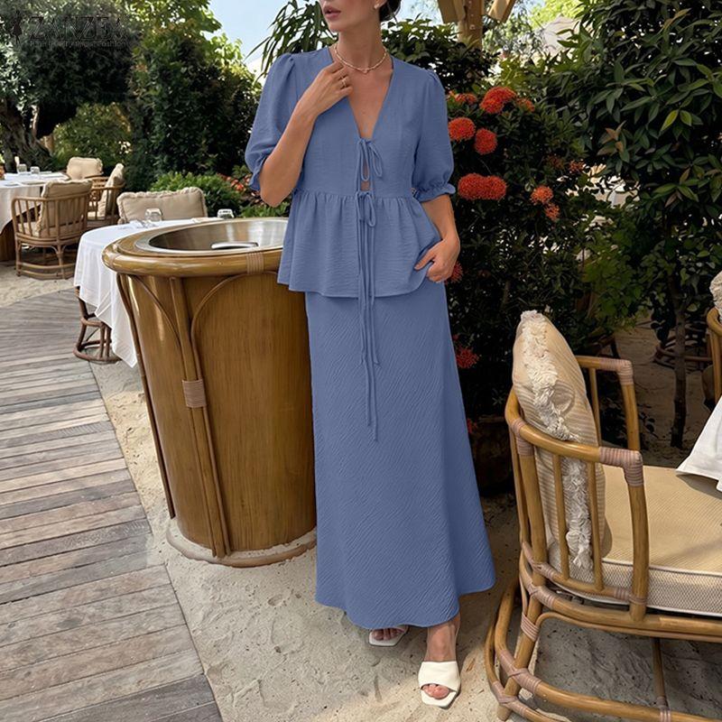 ZANZEA Women Elegant Two Piece Skirt Sets Puff Sleeve Tie Front V Neck Peplum Tops and Long Skirt Beachwear Suits