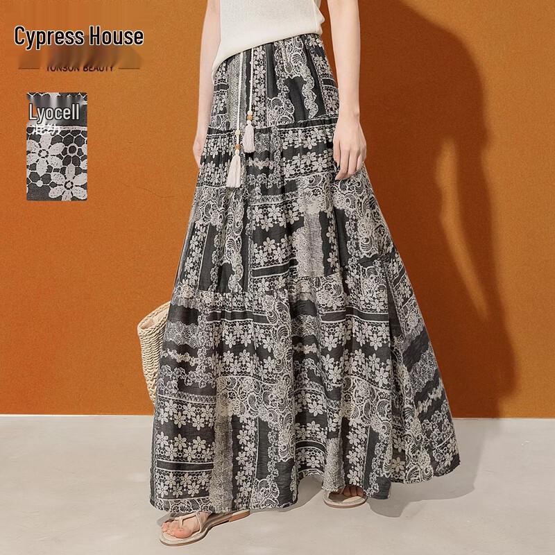 Women s High-Waist Floral Linen Blend A-Line Long Skirt S