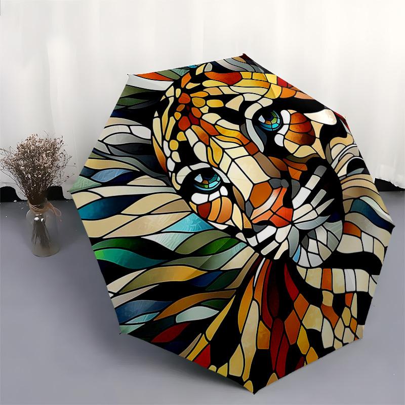 1pc Stained Glass Tiger Face Design Automatic Folding Umbrella - Portable 3-Fold Design, 8-Bone Iron Frame Outdoor Umbrella, Perfect Gift for Fans, Tr