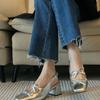 French silver Mary Jane women's shoes bow single shoes square head thick heel high heels women's one-button bag head sandals