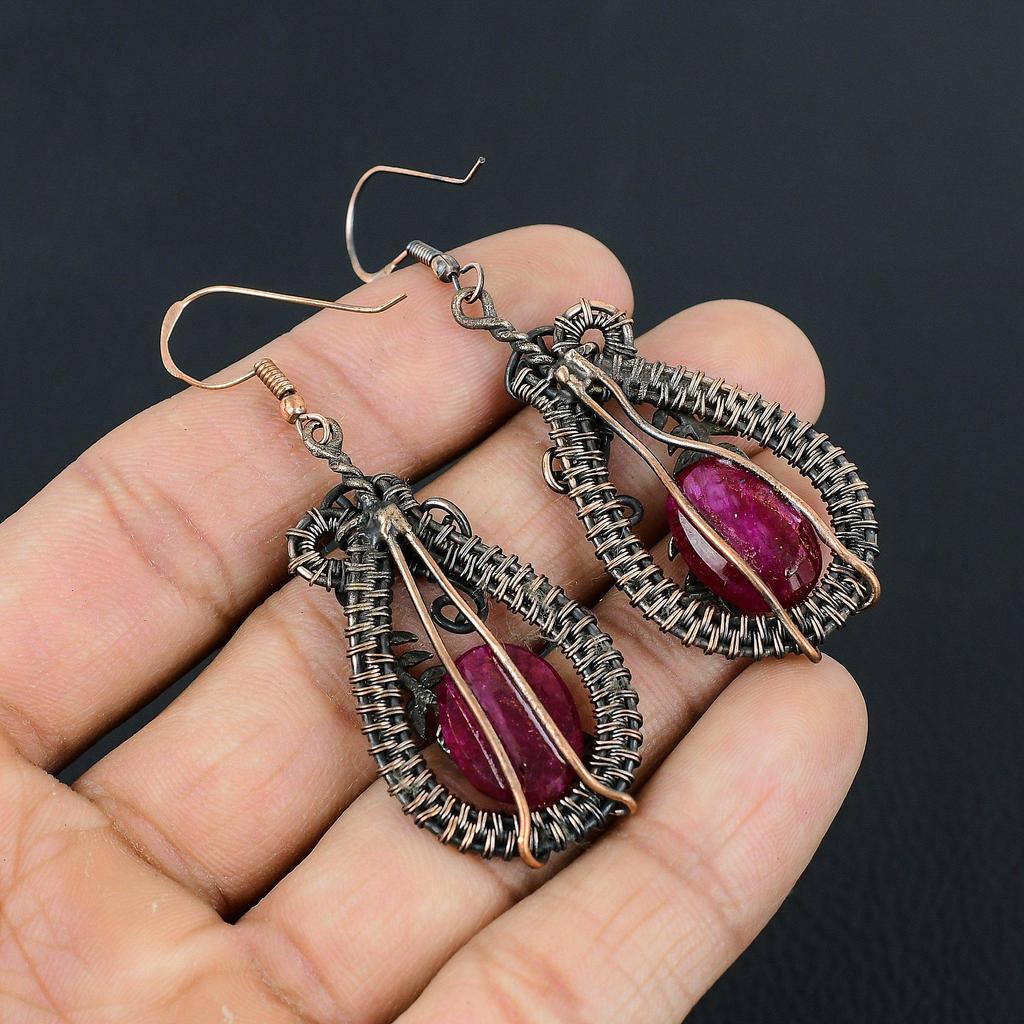 Wonderful Ruby Gemstone Handmade Pure Copper Wire Wrapped Earrings Jewelry