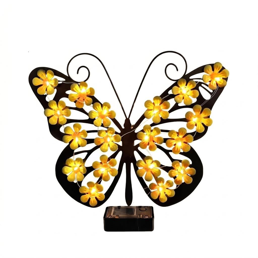 Solar Powered Outdoor Waterproof Butterfly Wall Light Decorative Metal Flower Design for Garden Patio Yard Fence Pathway
