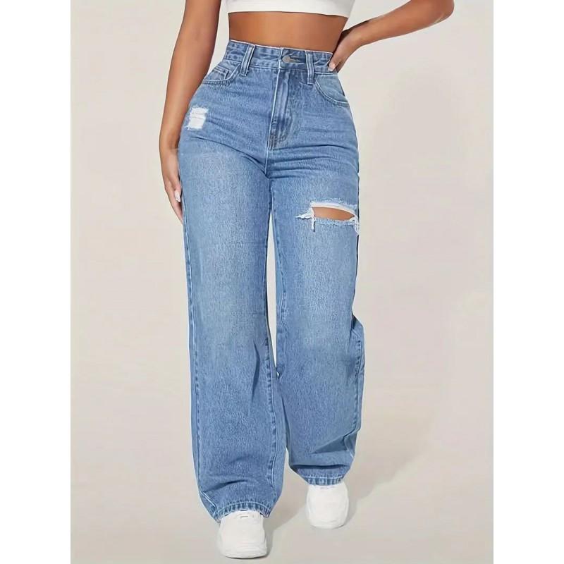 Womens High-Waisted Wide-Leg Straight Jeans With