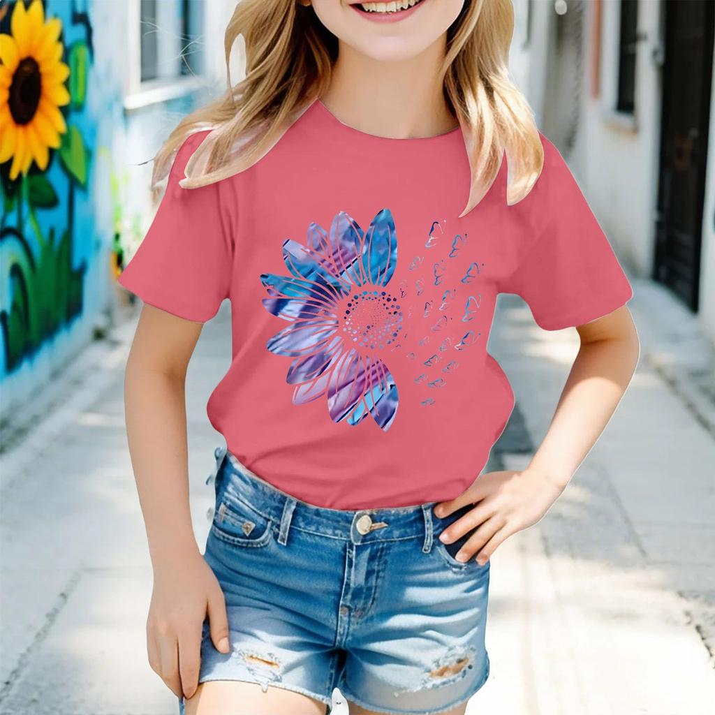 Kindermode Kurzarm Rundhals Floral Bedruckt Lässiges T-Shirt Top