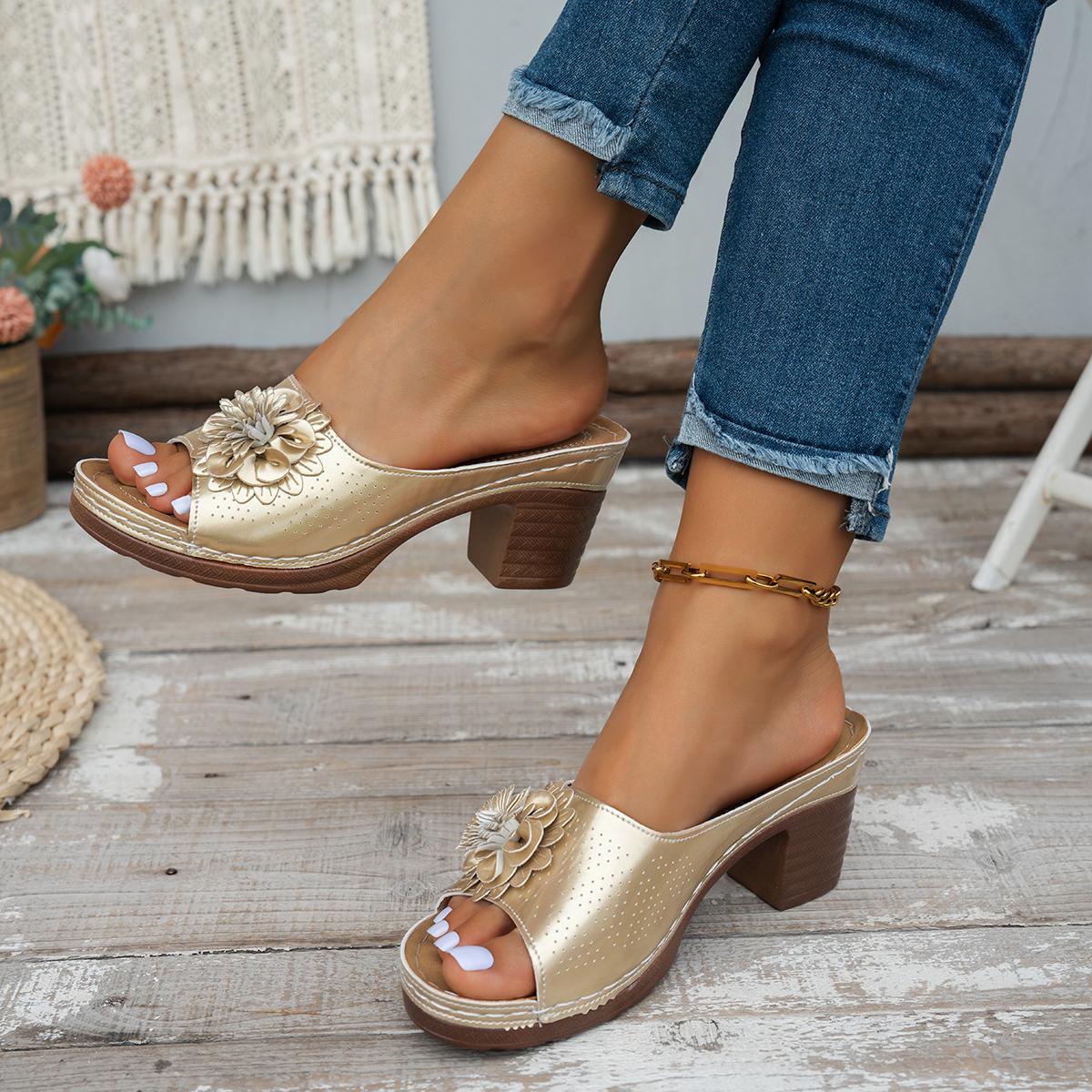 

Fashion Vintage Flower Decoration Slip On Sandals Bohemia Breathable Strap High Heels Slippers Women Summer Elegant Soft Sole Slides 36 золотой