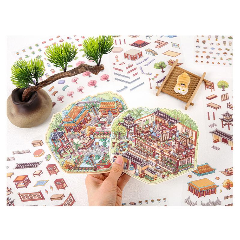 Zahlreiche Stile von Cartoon-Landschaftsaufklebern, Miniaturwelten, kleine kreative 3D-Hütten, dekomprimierende DIY-Szenen, Haustieraufkleber