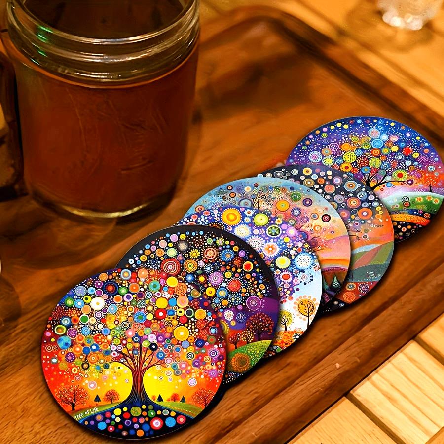 6pcs 2D Colorful Life Tree Pattern Anti-Slip Cup Covers Kitchen Home Party Coffee Shop Tabletop Decorations Moving House Gift